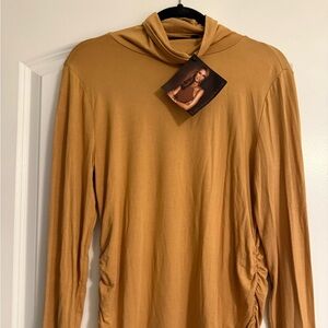 NWT IMAN soft/ silky light tan/ camel  mock turtleneck. shirring detail.